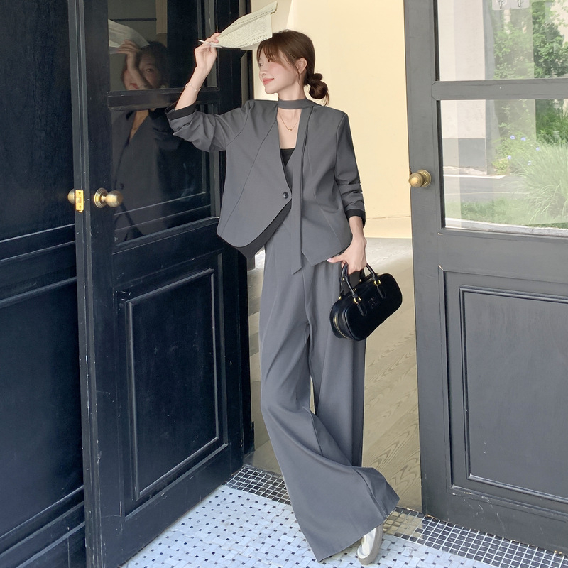 Siva ženska dvodijelna suknja s širokim hlačama, japansko-korejski stil, jesen 2025; Materijal: poliester; Glavni materijal: 70-80% poliester; Ime vlakna: poliester vlakno; Stil: japansko-korejski ležerni stil; Kostim: hlačasti kostim