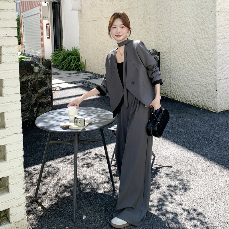 Siva ženska dvodijelna suknja s širokim hlačama, japansko-korejski stil, jesen 2025; Materijal: poliester; Glavni materijal: 70-80% poliester; Ime vlakna: poliester vlakno; Stil: japansko-korejski ležerni stil; Kostim: hlačasti kostim