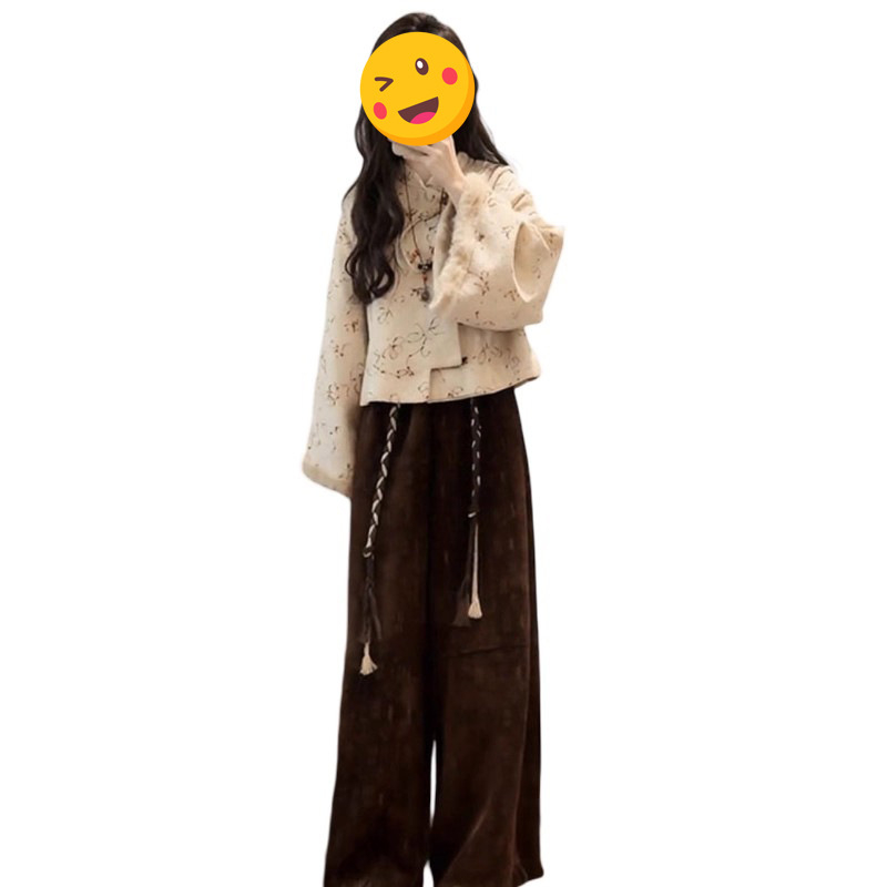 Zimski dvodijelni set: topla jakna s cvjetnim uzorkom i hlače visokog struka, za žene, poliester, elegantan gradski stil
