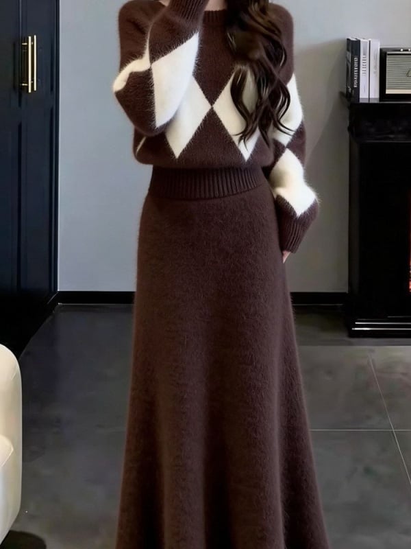 Kašmir pleteni komplet: kardigan s dugim rukavima i midi suknja, Lolita stil, ženski casual kostim – glavni materijal 50–70%