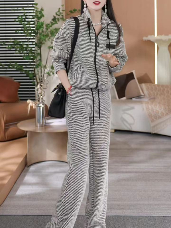 Ženski dvodijelni casual komplet: sweatshirt s geometrijskim uzorkom i široke hlače, poliester, jesen 2024, ležerni stil