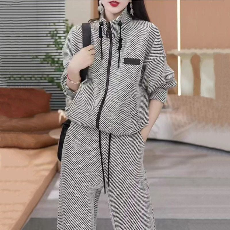 Ženski dvodijelni casual komplet: sweatshirt s geometrijskim uzorkom i široke hlače, poliester, jesen 2024, ležerni stil