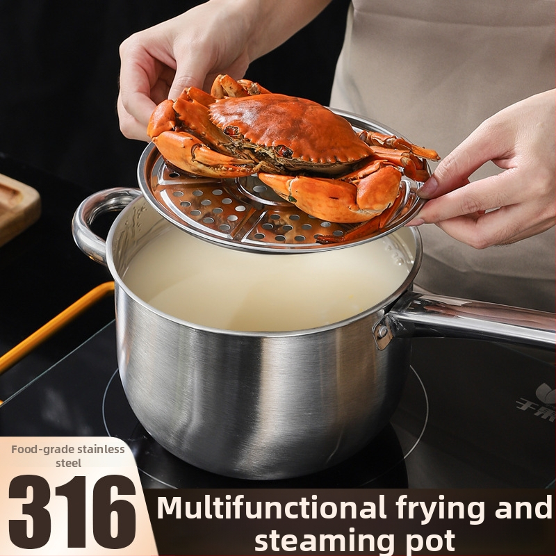 316 nerezovej ocele hrniec na smaženie a parenie so sitkom, pokrievka z nerezovej ocele, jednovrstné dno, vhodný pre všetky platne