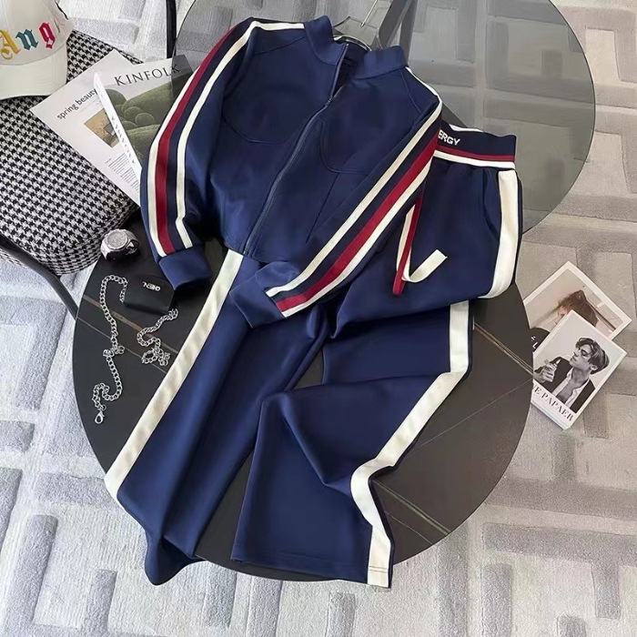 Ženski casual sportski dvodijelni set: kardigan i hlače s širokim krojem, prugasti/karirani uzorak, poliester, sadržaj poliester 30–50%, jesen 2025