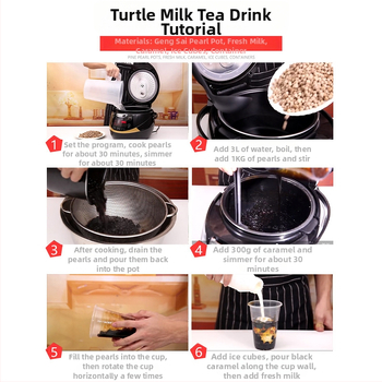 Automatický elektrický varič na čaj s perlami, určený pre obchody s čajom; kapacita 4,1–6 l; pre 5+ osôb; vnútorný anti-stick tank; tlačidkové ovládanie; udržiavanie teploty a rýchly pár