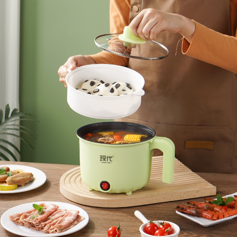 Електрическа готварска тенджера за един човек, мини модел SY001, капацитет до 2 л, вътрешен съд от неръждаема стомана, механично управление, двуслойна конструкция, 1 вътрешен съд