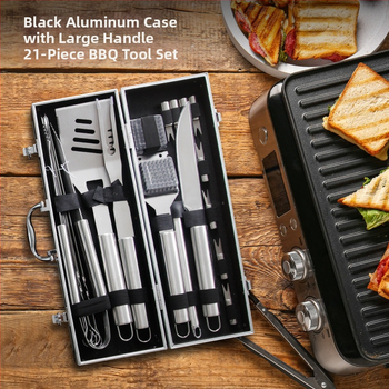 21-dielny set grilovacích nástrojov z nehrdzavejúcej ocele pre vonkajšie použitie – multifunkčné kempingové príslušenstvo k grilu (klipsa, kefka, vidlica, lopatka)