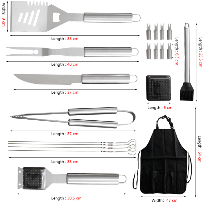 21-dijelni set alata od nehrđajućeg čelika za vanjski roštilj – višenamjenski kamp kuhinjski pribor (klipsa, četka, vilica, lopatica)