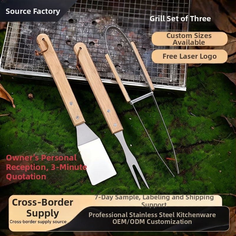 Set alata za roštilj – 3 dijela, nehrđajući čelik s drvenom drškom – vilica, lopatica, kliješta