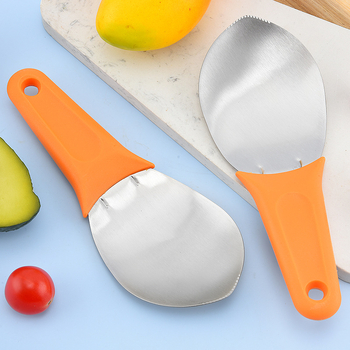 Nerđajući čelik voćni dijeljitelj s nožem za mango, ogulivačem, žlicom za meso i kockastim rezačem; moguć ispis logotipa