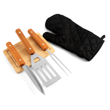 Комплект за барбекю с дървена дръжка — вилица и лопатка от неръждаема стомана, с чанта за съхранение