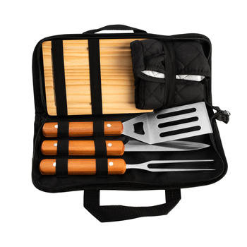 Комплект за барбекю с дървена дръжка — вилица и лопатка от неръждаема стомана, с чанта за съхранение
