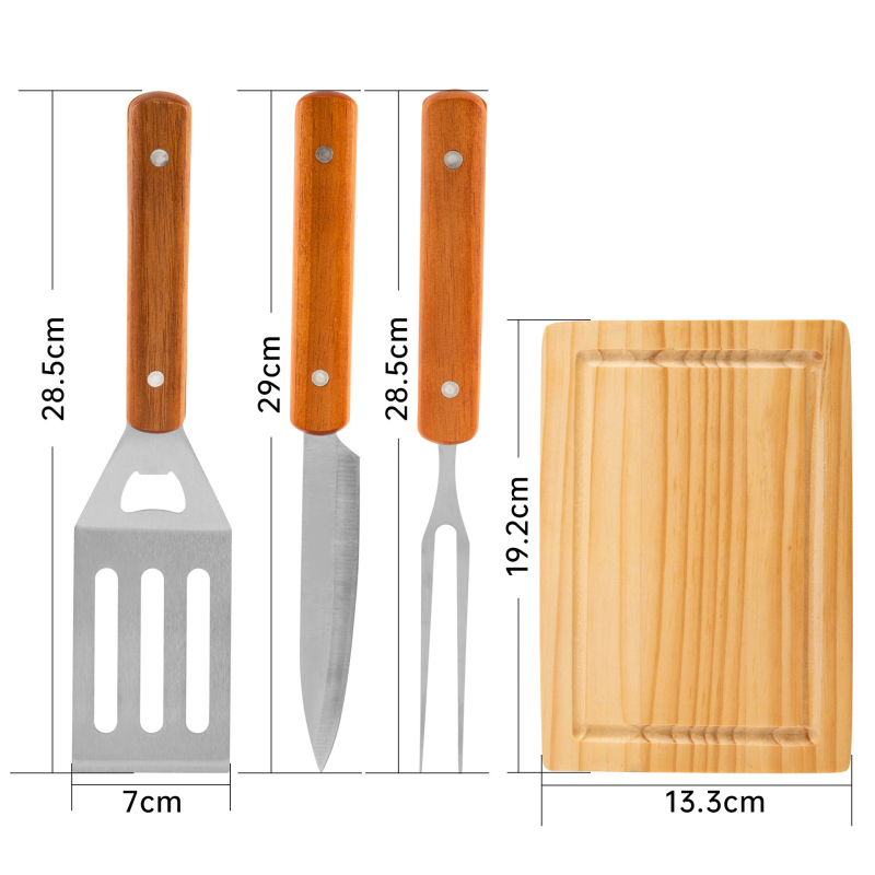 Комплект за барбекю с дървена дръжка — вилица и лопатка от неръждаема стомана, с чанта за съхранение