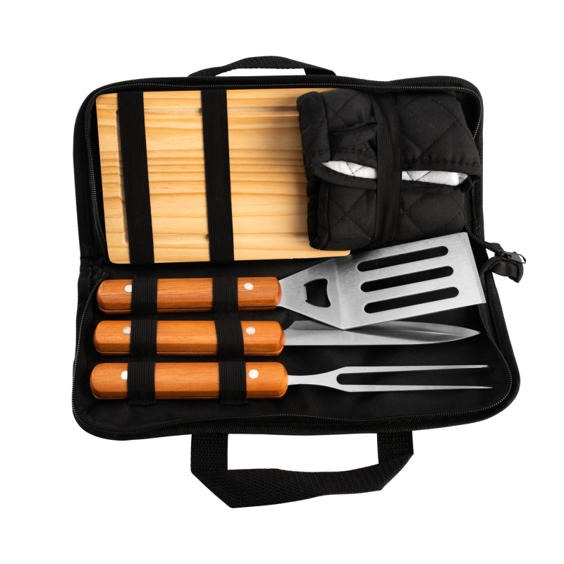 Комплект за барбекю с дървена дръжка — вилица и лопатка от неръждаема стомана, с чанта за съхранение