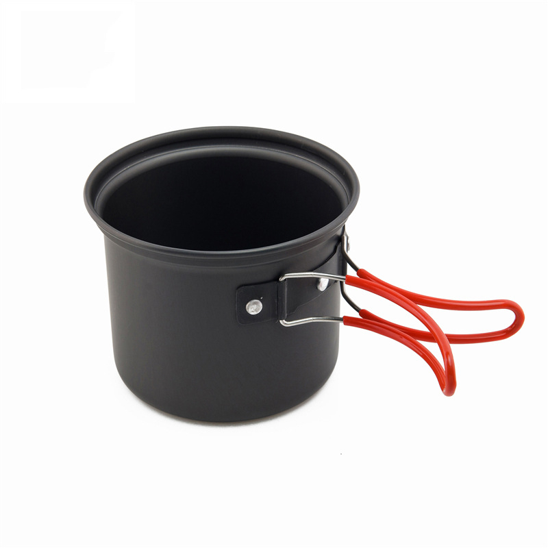 Кампинг комплект съдове за готвене BBM101A — ултралек алуминиев сплав, преносим, 460 g, за 1–2 души, включва тенджера, газова горелка, вилица, лъжица, кърпа