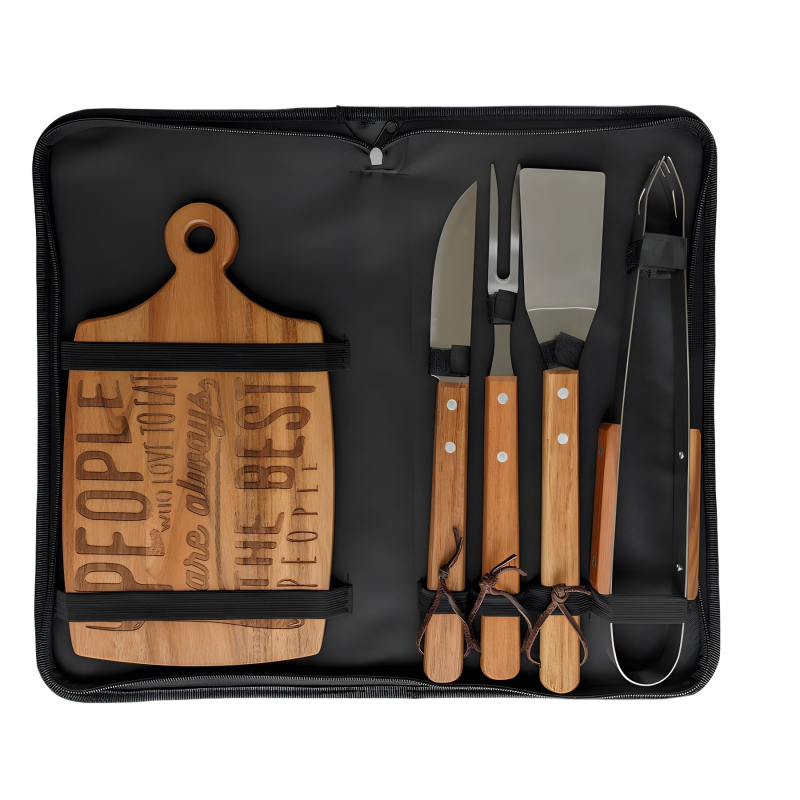 Комплект за барбекю с дървена дръжка и глави от неръждаема стомана — петчастен комплект: дъска за рязане, нож, щипки, вилица и шпатула в нейлонова чанта