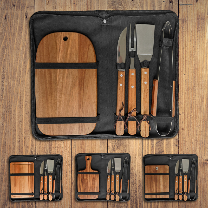 Комплект за барбекю с дървена дръжка и глави от неръждаема стомана — петчастен комплект: дъска за рязане, нож, щипки, вилица и шпатула в нейлонова чанта