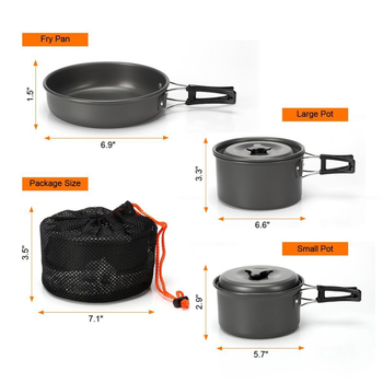 Pabuma aluminijski kamp kuhinjski set DS300 za 2–3 osobe, prenosan i ultralak, ekološki, težina 870 g, s velikom posudom, malom posudom i tiganjem, žlica, žlica za rižu, tri male zdjele