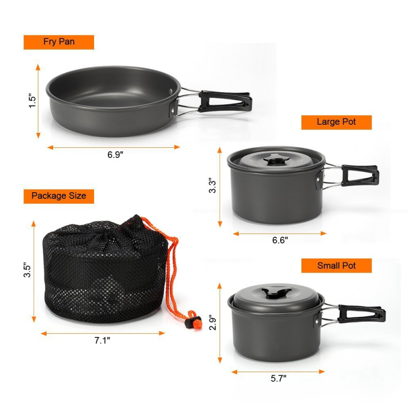 Pabuma aluminijski kamp kuhinjski set DS300 za 2–3 osobe, prenosan i ultralak, ekološki, težina 870 g, s velikom posudom, malom posudom i tiganjem, žlica, žlica za rižu, tri male zdjele