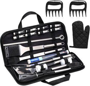 OEM 25-dijelni set BBQ alata s torbom od Oxford tkanine, nehrđajući čelik (drška 410, hardver 420); uključuje rukavice, nož, četku, znak, lopatu