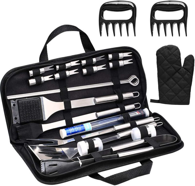 OEM 25-dijelni set BBQ alata s torbom od Oxford tkanine, nehrđajući čelik (drška 410, hardver 420); uključuje rukavice, nož, četku, znak, lopatu