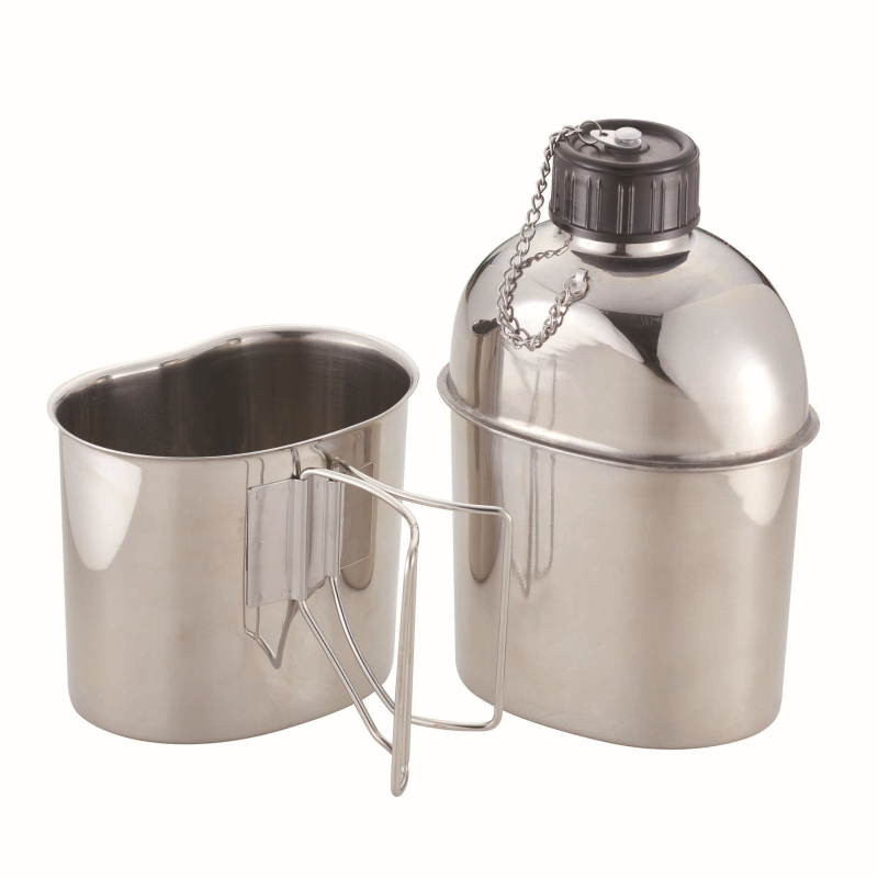 Комплект водна кана и чаша от 304 неръждаема стомана – портативен за къмпинг, 1,3 л кана и 0,8 л чаша, военен стил