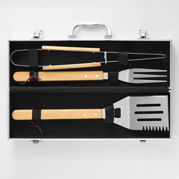 Σετ εργαλείων μπάρμπεκιου από ανοξείδωτο ατσάλι με ξύλινο χερούλι, περιλαμβάνει κλιπ, πιρούνι και φτυάρι; κατασκευή από αλουμίνιο; ασύμμετο σχέδιο; συσκευασία 12 τεμαχίων.