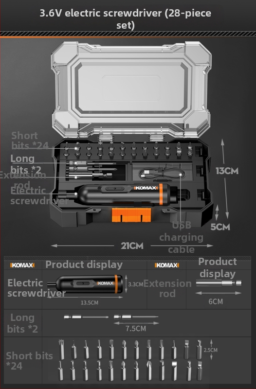 Sada skrutkovačov z uhlíkovej ocele s ráčnovým mechanizmom a viacerými bitmi, obsahuje 19-v-1 a 9-v-1 varianty a 3,6V elektrickú skrutkovač s magnetickými bitmi