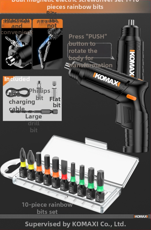 Sada skrutkovačov z uhlíkovej ocele s ráčnovým mechanizmom a viacerými bitmi, obsahuje 19-v-1 a 9-v-1 varianty a 3,6V elektrickú skrutkovač s magnetickými bitmi