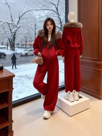 Ženski dvodijelni komplet s kapuljačom i dugim hlačama, kragnom od umjetnog krzna, 3D uzorak, poliester, zimska debljina