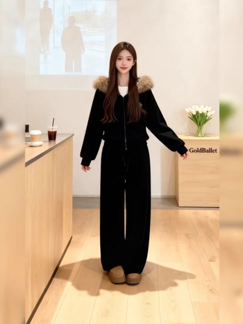 Ženski dvodijelni komplet s kapuljačom i dugim hlačama, kragnom od umjetnog krzna, 3D uzorak, poliester, zimska debljina