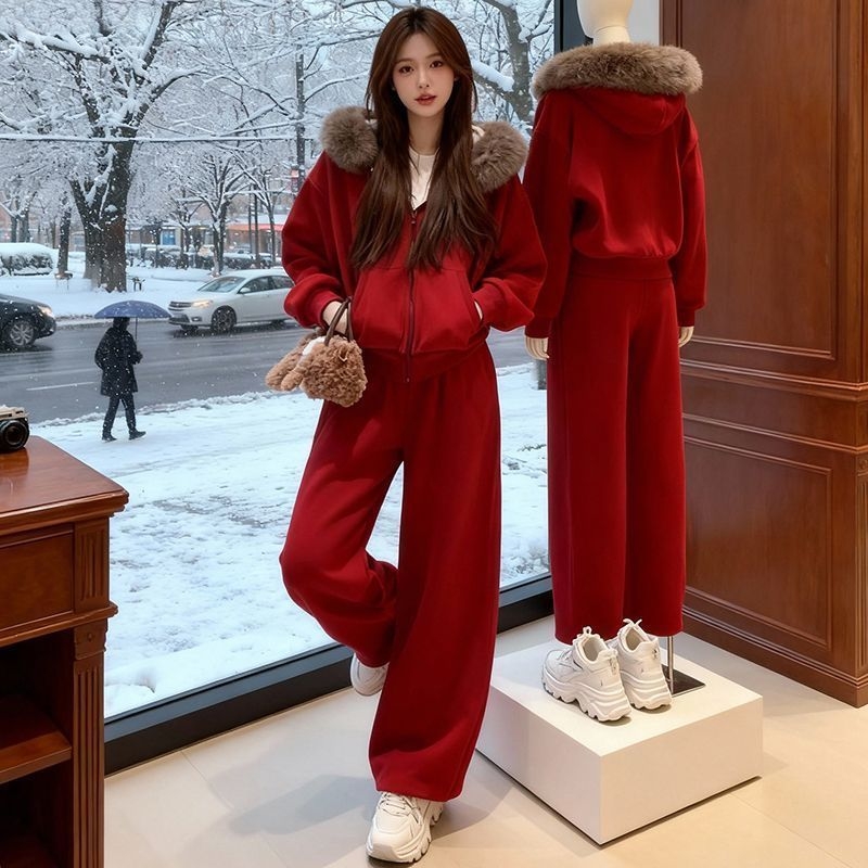 Ženski dvodijelni komplet s kapuljačom i dugim hlačama, kragnom od umjetnog krzna, 3D uzorak, poliester, zimska debljina