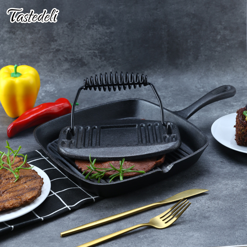 Liveno željezo četvrtasti grill tiganj s pritiskom za meso, zadebljan, višenamjenski