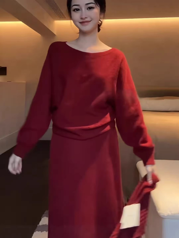 Trodijelni pleteni set: pulover, kapuljača i duga suknja; ovčja vuna; klorofiber i spandeks; ženski casual stil japansko-korejskog trenda