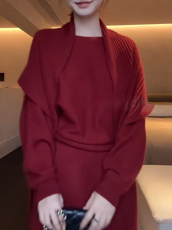 Trodijelni pleteni set: pulover, kapuljača i duga suknja; ovčja vuna; klorofiber i spandeks; ženski casual stil japansko-korejskog trenda