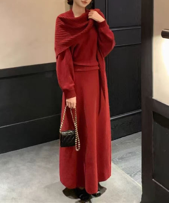 Trodijelni pleteni set: pulover, kapuljača i duga suknja; ovčja vuna; klorofiber i spandeks; ženski casual stil japansko-korejskog trenda