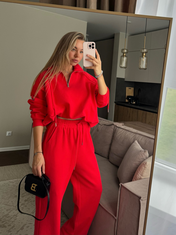 Ženski zimski dvodijelni komplet: dukserica s polo ovratnikom i široke hlače, 3D uzorak, pamukovo-spandeks mješavina, 80–90% pamuka, Spandex <30%, dugi rukavi