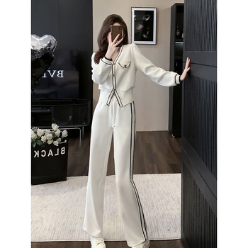 Casual ženski kostim s pletenim širokim hlačama, dugi rukavi (izdanje proljeće 2025; pleteni; široke hlače; dugi rukavi)