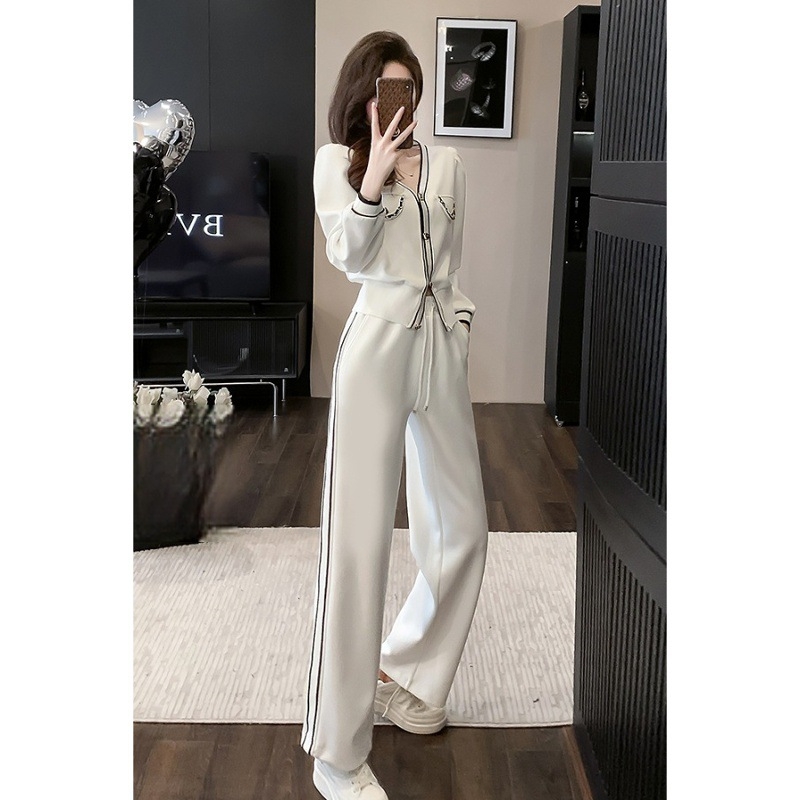 Casual ženski kostim s pletenim širokim hlačama, dugi rukavi (izdanje proljeće 2025; pleteni; široke hlače; dugi rukavi)