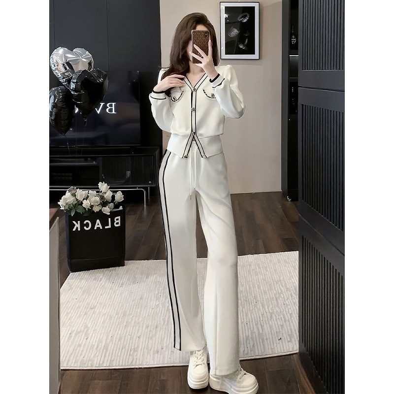 Casual ženski kostim s pletenim širokim hlačama, dugi rukavi (izdanje proljeće 2025; pleteni; široke hlače; dugi rukavi)