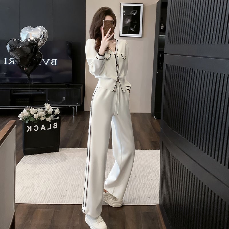 Casual ženski kostim s pletenim širokim hlačama, dugi rukavi (izdanje proljeće 2025; pleteni; široke hlače; dugi rukavi)