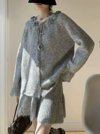 Set kardigana i suknje A-linije s cvjetnim uzorkom, poliester 50-70%, jesen 2025