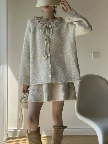 Set kardigana i suknje A-linije s cvjetnim uzorkom, poliester 50-70%, jesen 2025