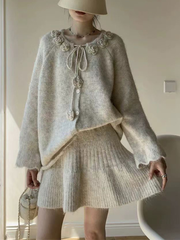 Set kardigana i suknje A-linije s cvjetnim uzorkom, poliester 50-70%, jesen 2025