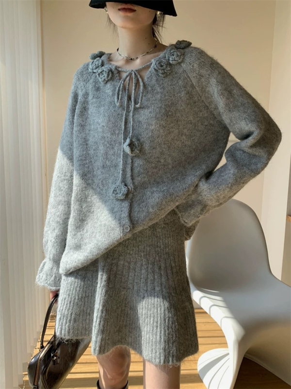 Set kardigana i suknje A-linije s cvjetnim uzorkom, poliester 50-70%, jesen 2025