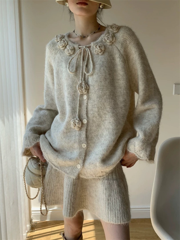 Set kardigana i suknje A-linije s cvjetnim uzorkom, poliester 50-70%, jesen 2025