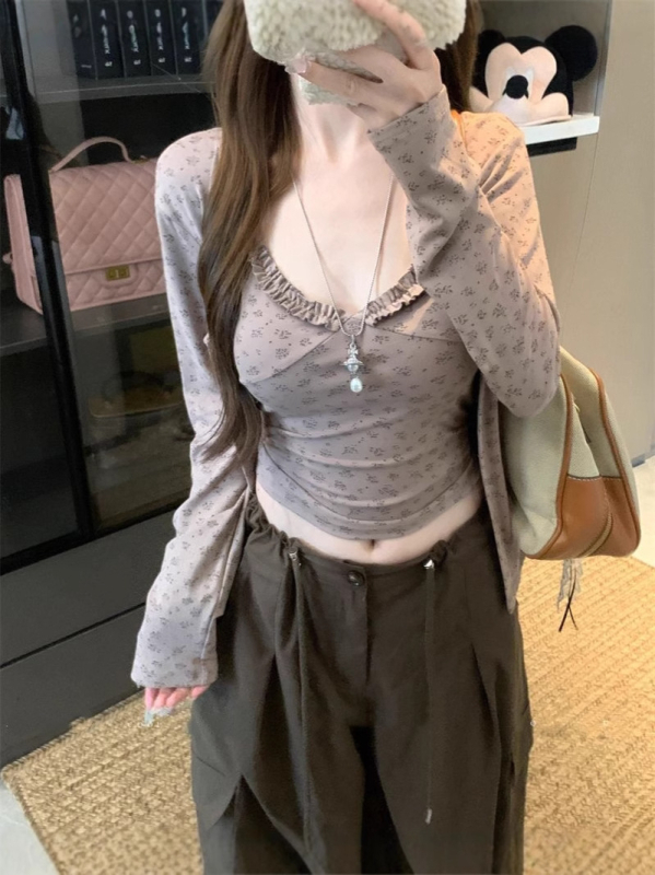 Cvjetni top i dugi rukav kardigan – dvodijelni set, bez glačanja, rayon, ljeto 2025