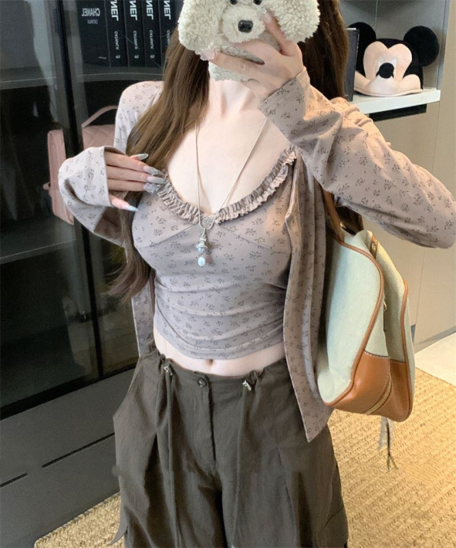 Cvjetni top i dugi rukav kardigan – dvodijelni set, bez glačanja, rayon, ljeto 2025