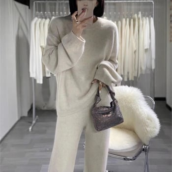Ženski vuneni pleteni dvodijelni kostim s širokim hlačama – casual zimski stil 2024, dugi Raglan rukavi