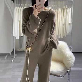 Ženski vuneni pleteni dvodijelni kostim s širokim hlačama – casual zimski stil 2024, dugi Raglan rukavi